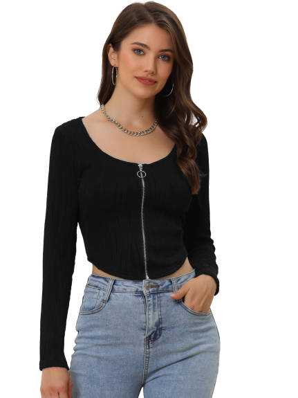 Allegra K - Zip-Up Asymmetrical Hem Fitted Crop Top