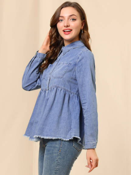 Allegra K- Long Sleeve Peplum Button Down Denim Shirt