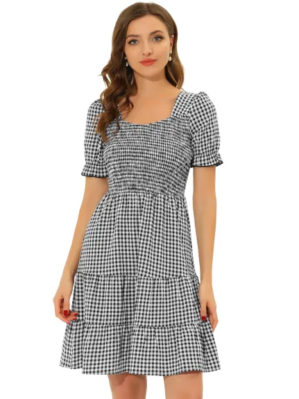 Allegra K- Plaid Gingham Ruffle Tiered Puff Sleeve Dress