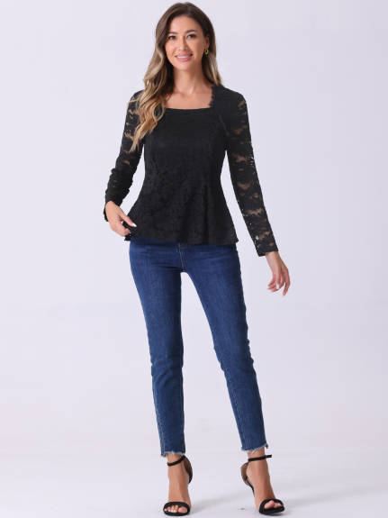 INSPIRE CHIC - Square Neck Long Sleeve Lace Peplum Top