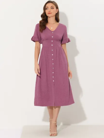 Allegra K- Button Flutter Sleeve Midi Dress