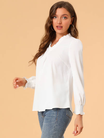 Allegra K- Ruffled V Neck Long Sleeve Blouse