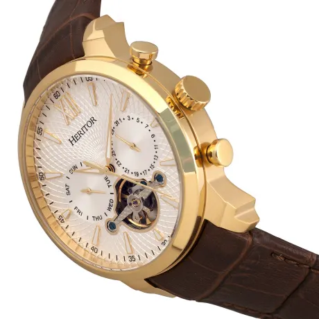 Heritor Automatic Arthur Semi-Skeleton Leather-Band Watch w/ Day/Date - Gold/Silver