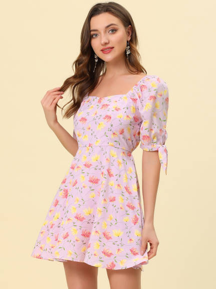 Allegra K- Floral Sweetheart Neck Flare A-Line Mini Dress