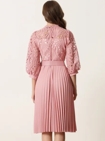 Allegra K- 3/4 Sleeves Belted Pleated Lace Dress