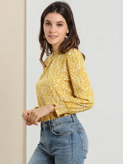 Allegra K- Ruffled Mock Neck Smocked Printed Blouse