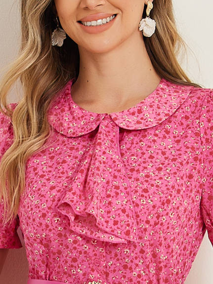 Allegra K- Peter Pan Collar Tie Neck Belted Floral Dress