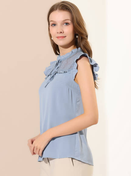 Allegra K - Ruffle Stand Collar Cap Sleeve Chiffon Blouse