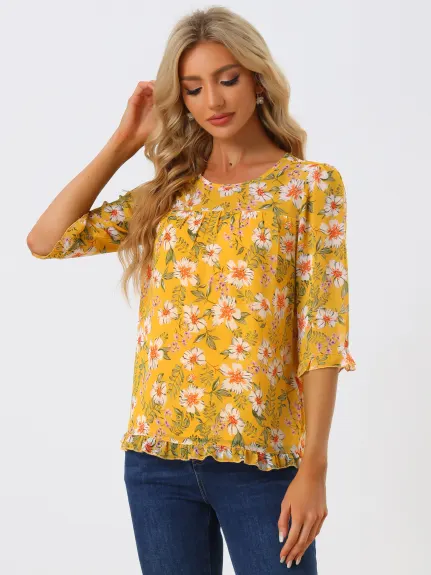 Allegra K- Blouse florale en mousseline à manches 3/4 et à volants