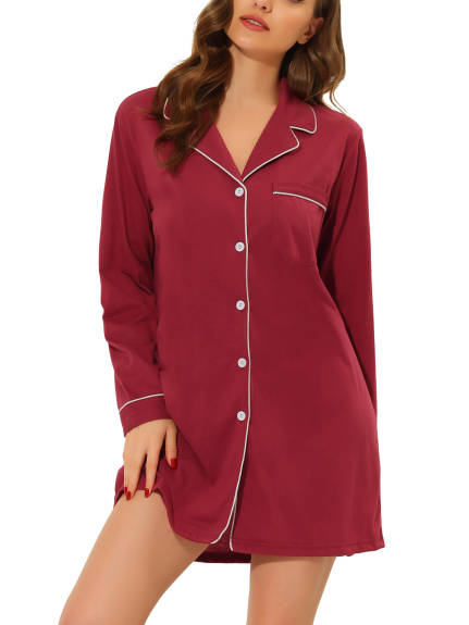 Cheibear - Notched Lapel Button Down Sleepshirt