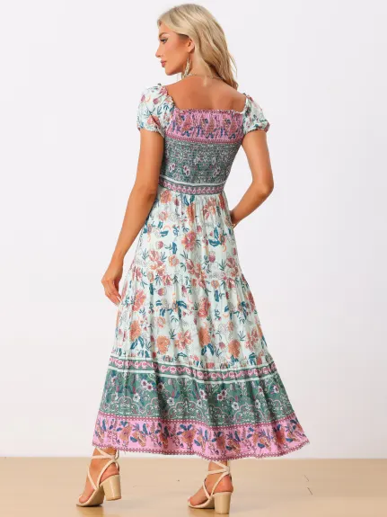 Allegra K- Boho Off-Shoulder Floral Smocked Dress