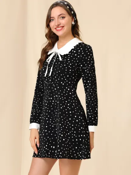 Allegra K- Polka Dots Peter Pan Collar Contrast Sleeve Shirt Dress