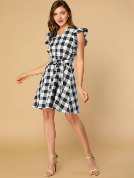 Allegra K- Ruffled Sleeve Belted A-Line Plaids Dress