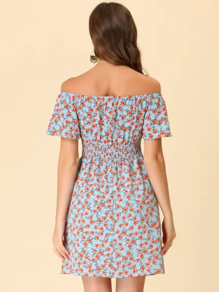 Allegra K- Ditsy Floral Off Shoulder A-Line Smocked Dress