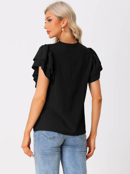 Allegra K - Ruffle Short Sleeve V Neck Blouse