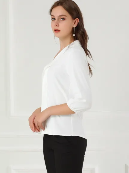 Allegra K- V Neck Collared 3/4 Sleeve Blouse