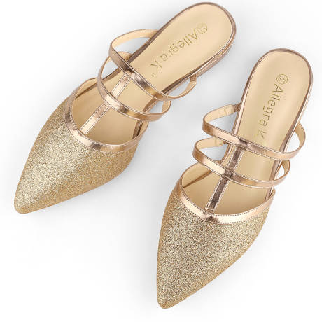 Allegra K- Glitter Pointed Toe Flats Gold Mules