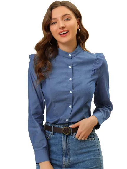 Allegra K- Denim Long Sleeve Stand Collar Ruffled Trim Shirt