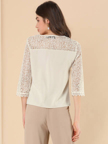 Allegra K - Elegant Lace Sheer 3/4 Sleeve Blouse