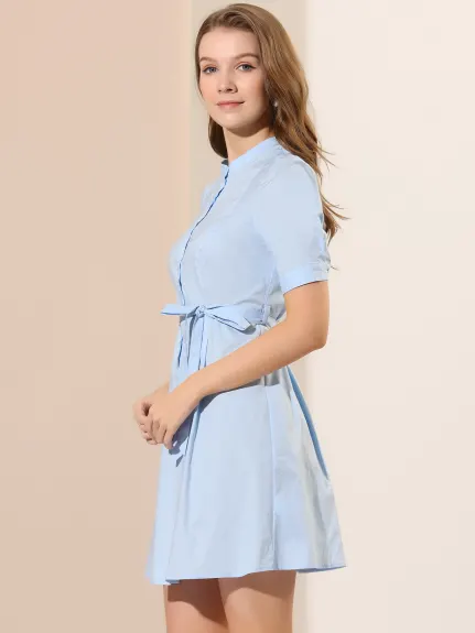 Allegra K- Short Sleeve Belted Skater Shirt Dress