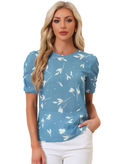 Allegra K- Floral Crew Neck Shirred Short Sleeve Blouse