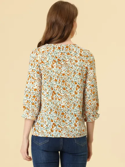 Allegra K- Tie Blouse florale à manches 3/4 et col en V