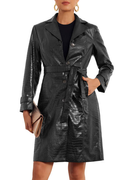 Allegra K - Belted Winter Faux Leather Coat