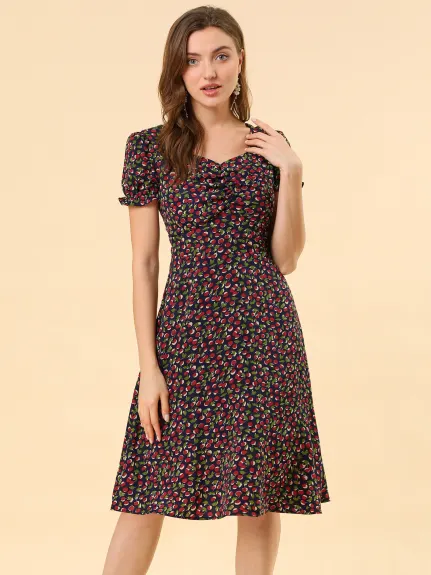 Allegra K- Floral Sweetheart Cherry Print Flare Dress