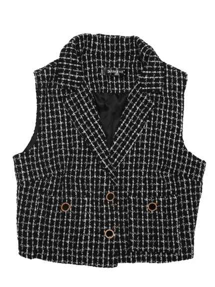 Allegra K- Plaid Notched Lapel Tweed Jacket