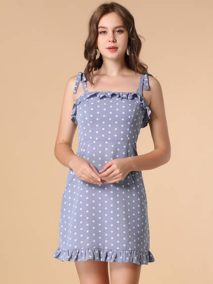 Allegra K- Polka Dots Spaghetti Strap Ruffle Flare Mini Dress