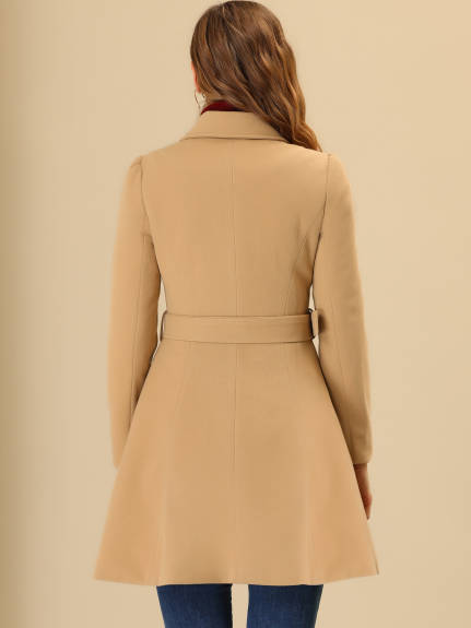 Allegra K- Double Breasted Turn Down Collar Swing Belted Coat