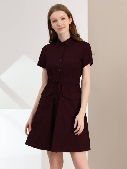 Allegra K- Button Down Cotton Flare Shirt Dress