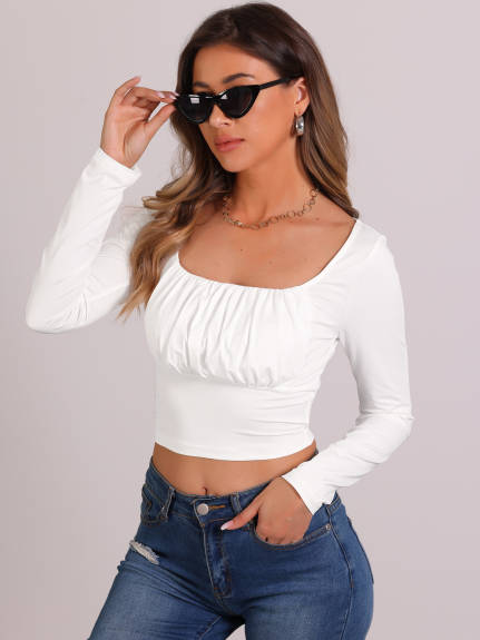 Allegra K- Square Neck Crop Ruched Blouse