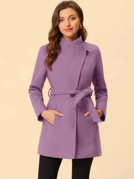 Allegra K- Classic Stand Collar Belted Long Coat