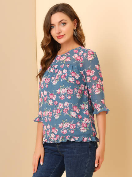 Allegra K- Floral Ruffled 3/4 Sleeve Chiffon Blouse