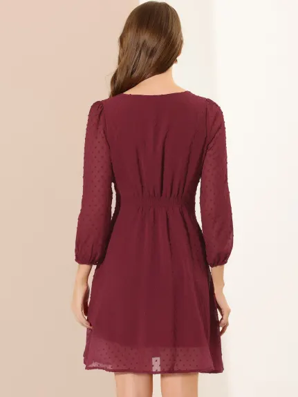Allegra K- Swiss Dots 3/4 Sleeve A-line Chiffon Dress