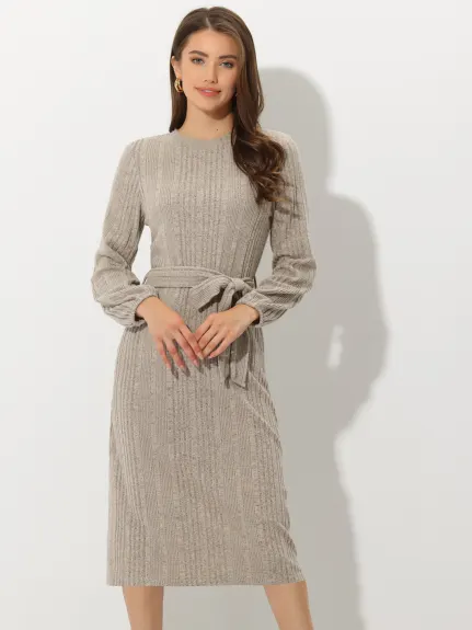 Allegra K- Crew Neck Ribbed Knit Tie Waist Fall Sweater Midi Dress