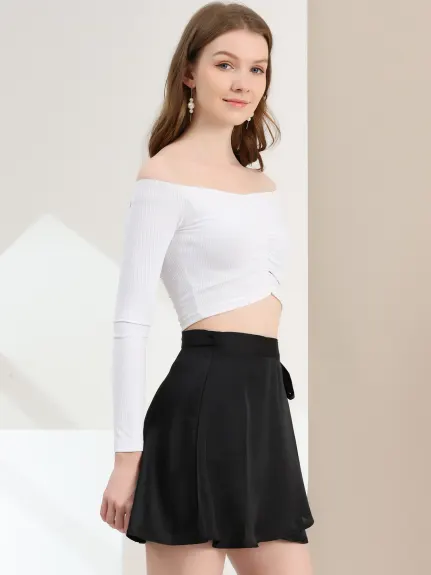 Allegra K- Satin Mini Wrap Skater Skirt