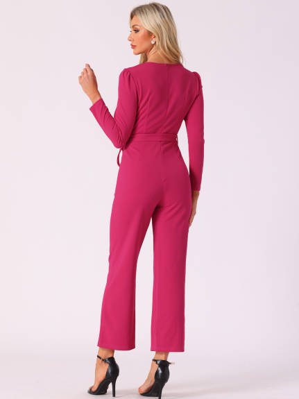 Allegra K - V Neck Long Sleeve Tie Waist Jumpsuit