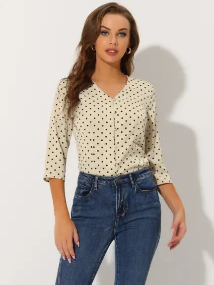 Allegra K- Polka Dots 3/4 Sleeve Button Front Blouse