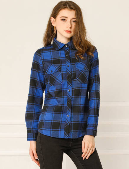 Allegra K- Roll Up Button Down Flannel Shirt