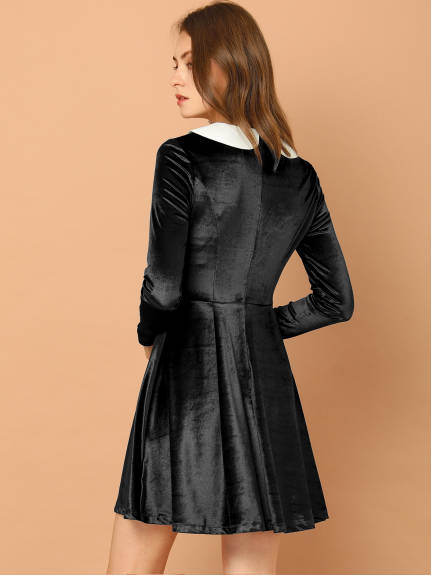 Allegra K- Velvet Long Sleeve Peter Pan Collar Flare Dress