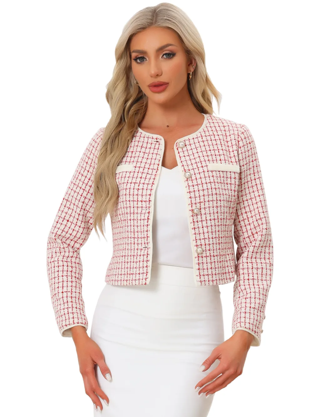 Allegra K- veste courte à carreaux en Tweed