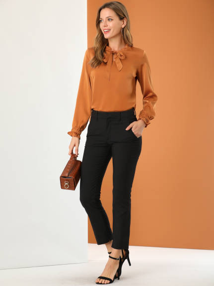 Allegra K- Satin Ruffle Tie Neck Long Sleeve Blouse