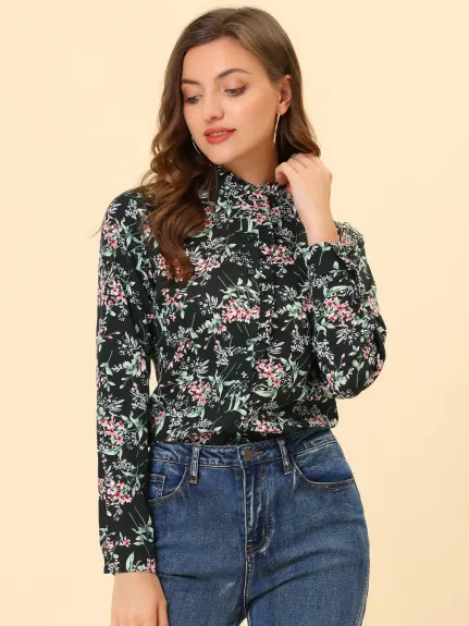 Allegra K- Floral Ruffle Stand Collar Long Sleeve Shirt