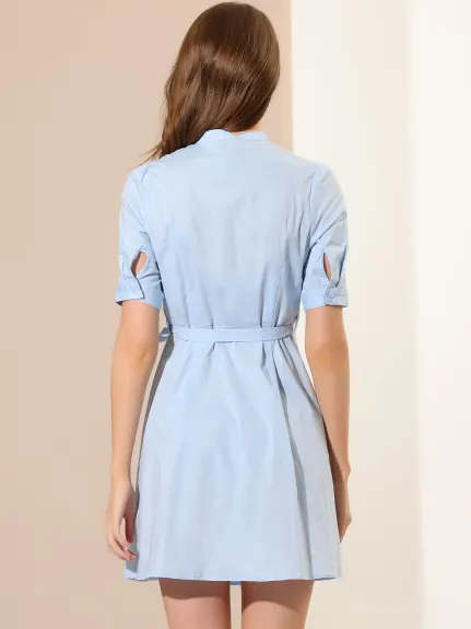 Allegra K- Short Sleeve Belted Skater Shirt Dress