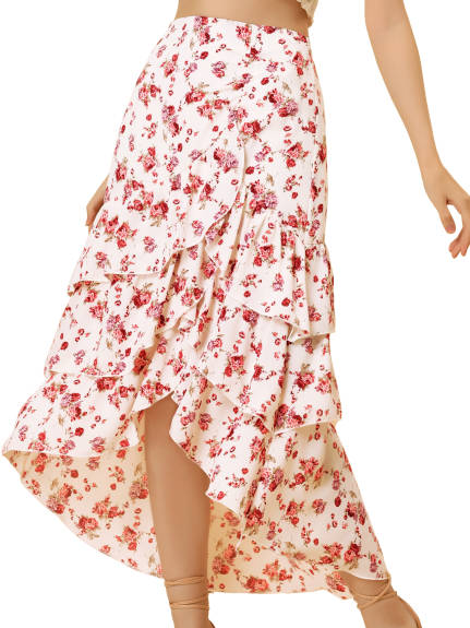 Allegra K- High Low Ruffle Hem Floral Tiered Skirt