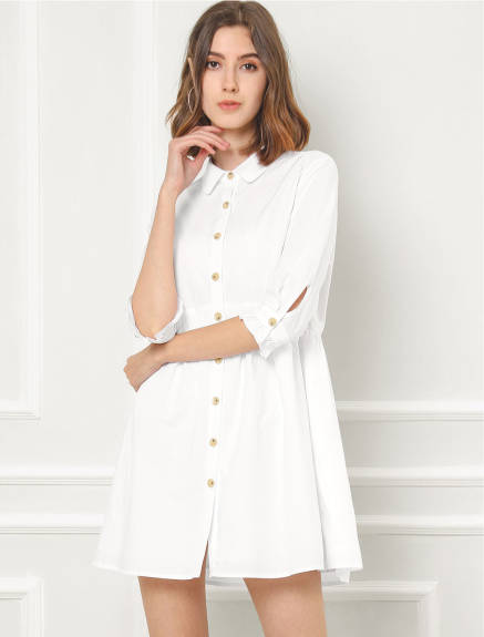 Allegra K- 3/4 Sleeve Button Up Flare Shirt Dress