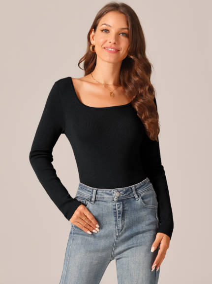 Allegra K - Square Neck Long Sleeve Knit Bodysuit