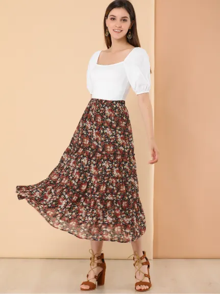 Allegra K- Floral Tiered A-Line Long Chiffon Skirt